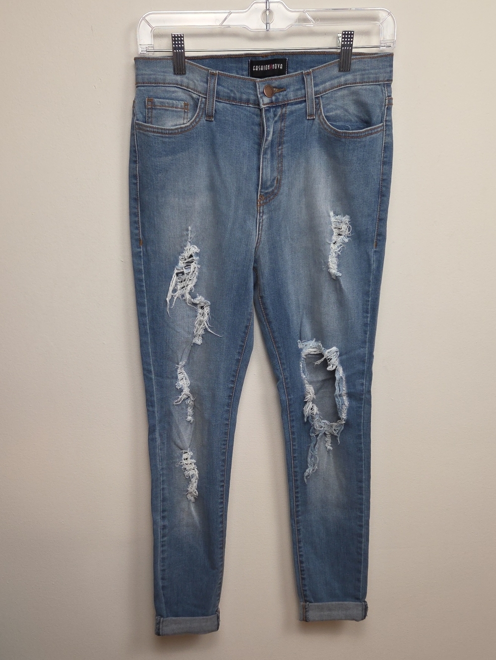 Fashion Nova Casual Y2K Light Blue Distressed Cuffed Denim Jeans Made in USA 28